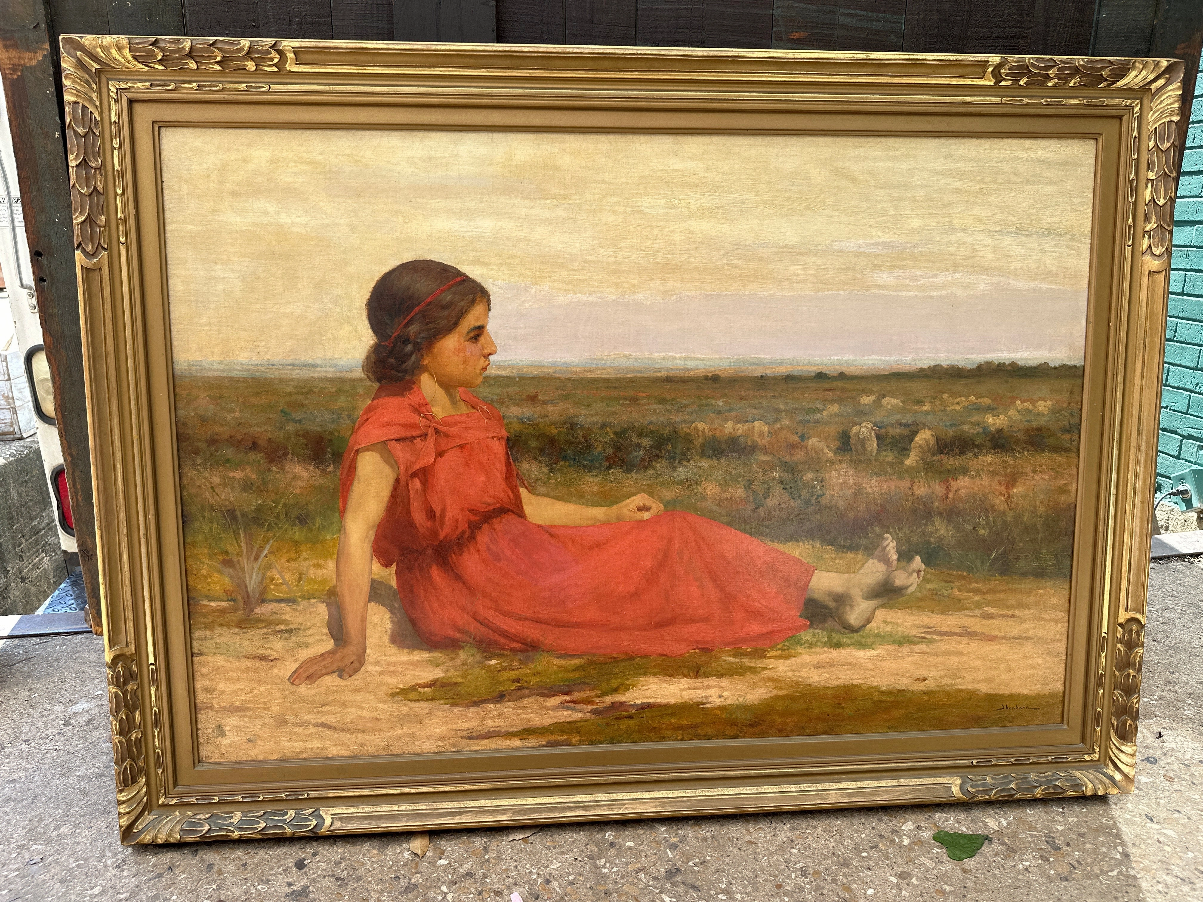 LARGE GILT FRAMED OIL PAINTING OF A SHEPPARDESS, RECLINING ON THE GROUND- SIGNED SHONBORN classic mural painting