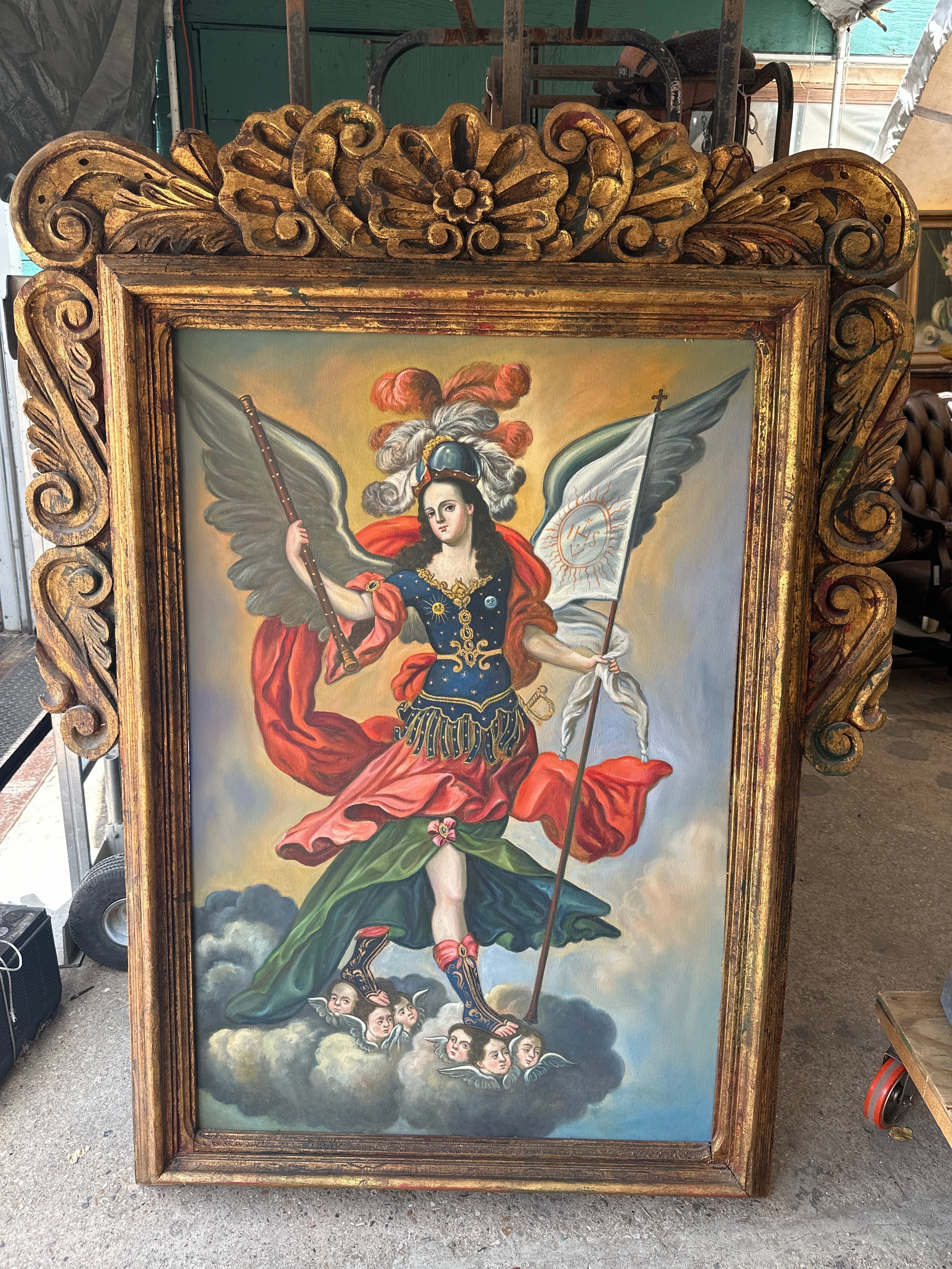 LARGE GILT FRAMED OIL PAINTING OF AN ANGEL classic mural painting