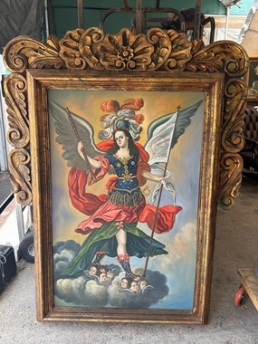 LARGE GILT FRAMED OIL PAINTING OF AN ANGEL classic mural painting