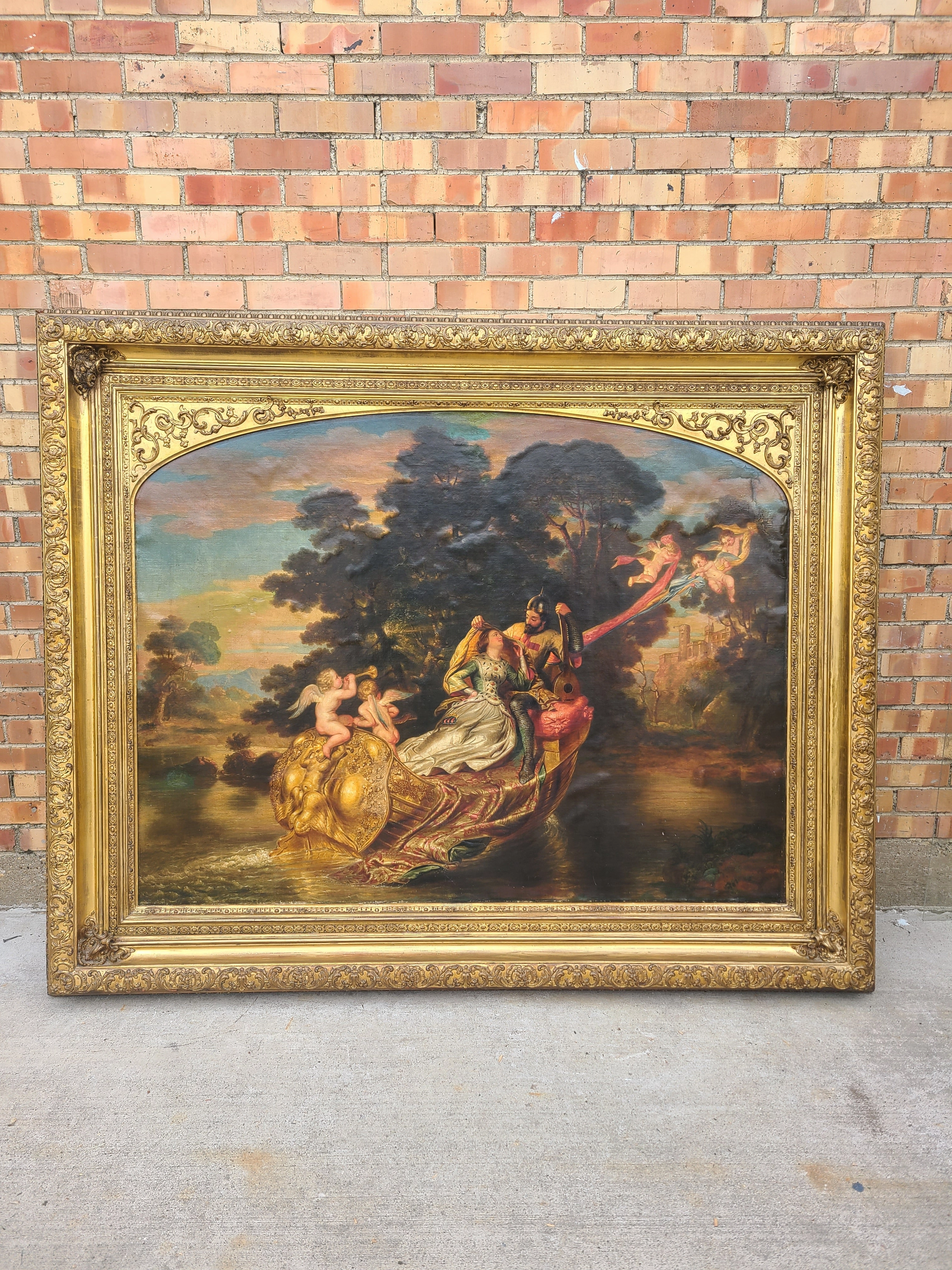 LARGE GILT FRAMED OIL PAINTING OF LOVERS WITH CHERUBS