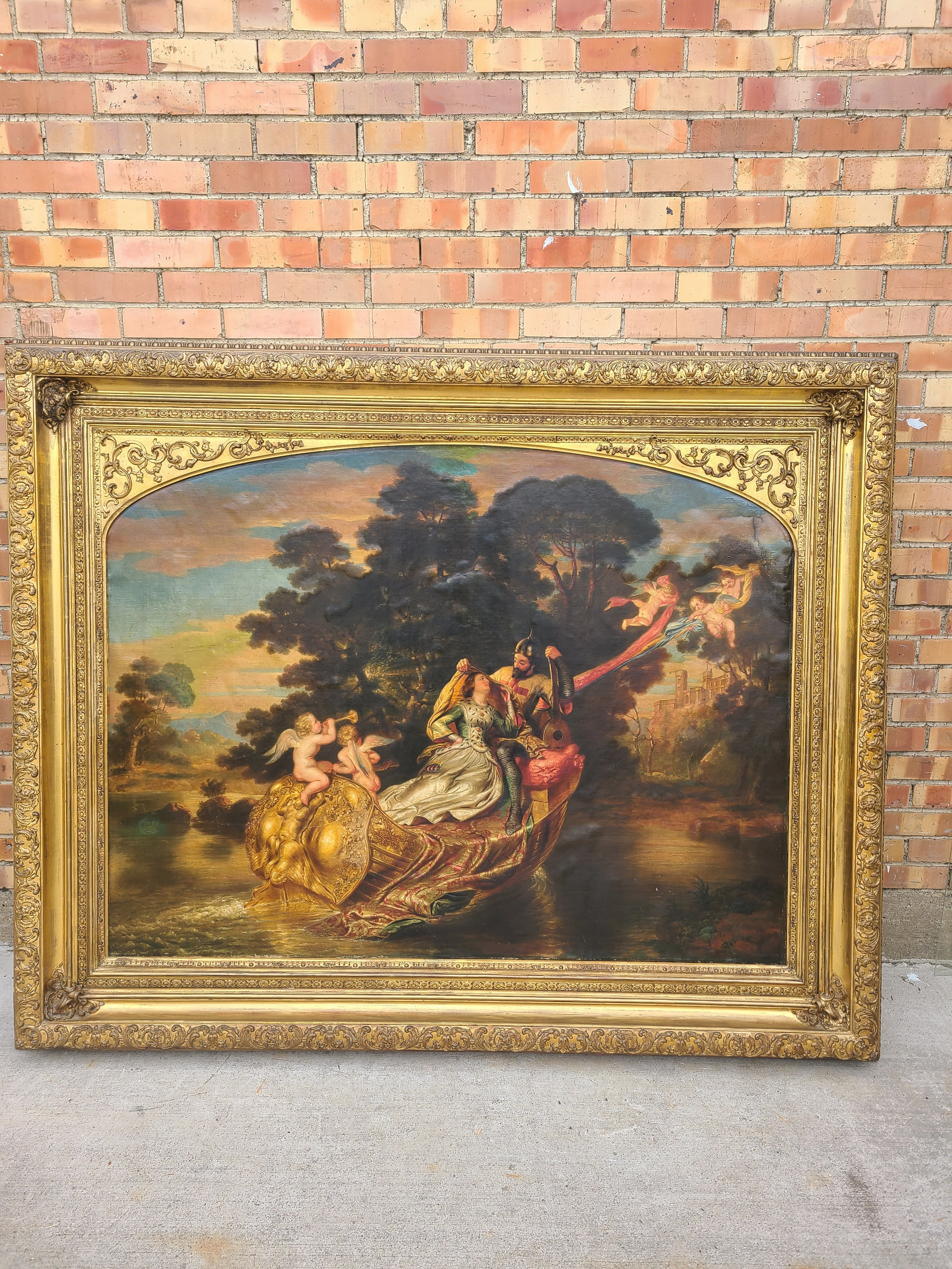 LARGE GILT FRAMED OIL PAINTING OF LOVERS WITH CHERUBS
