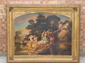 LARGE GILT FRAMED OIL PAINTING OF LOVERS WITH CHERUBS classic mural painting