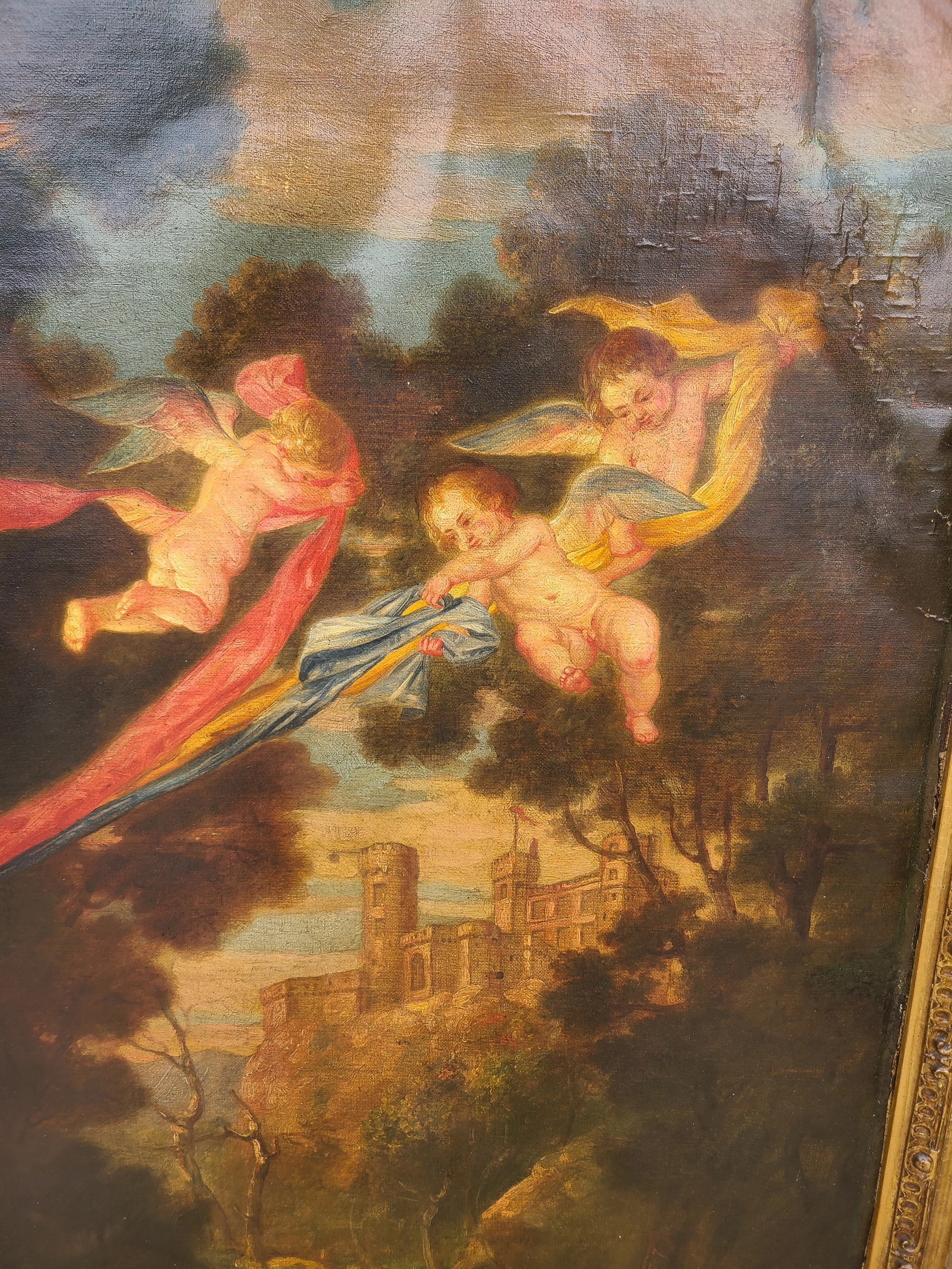 LARGE GILT FRAMED OIL PAINTING OF LOVERS WITH CHERUBS