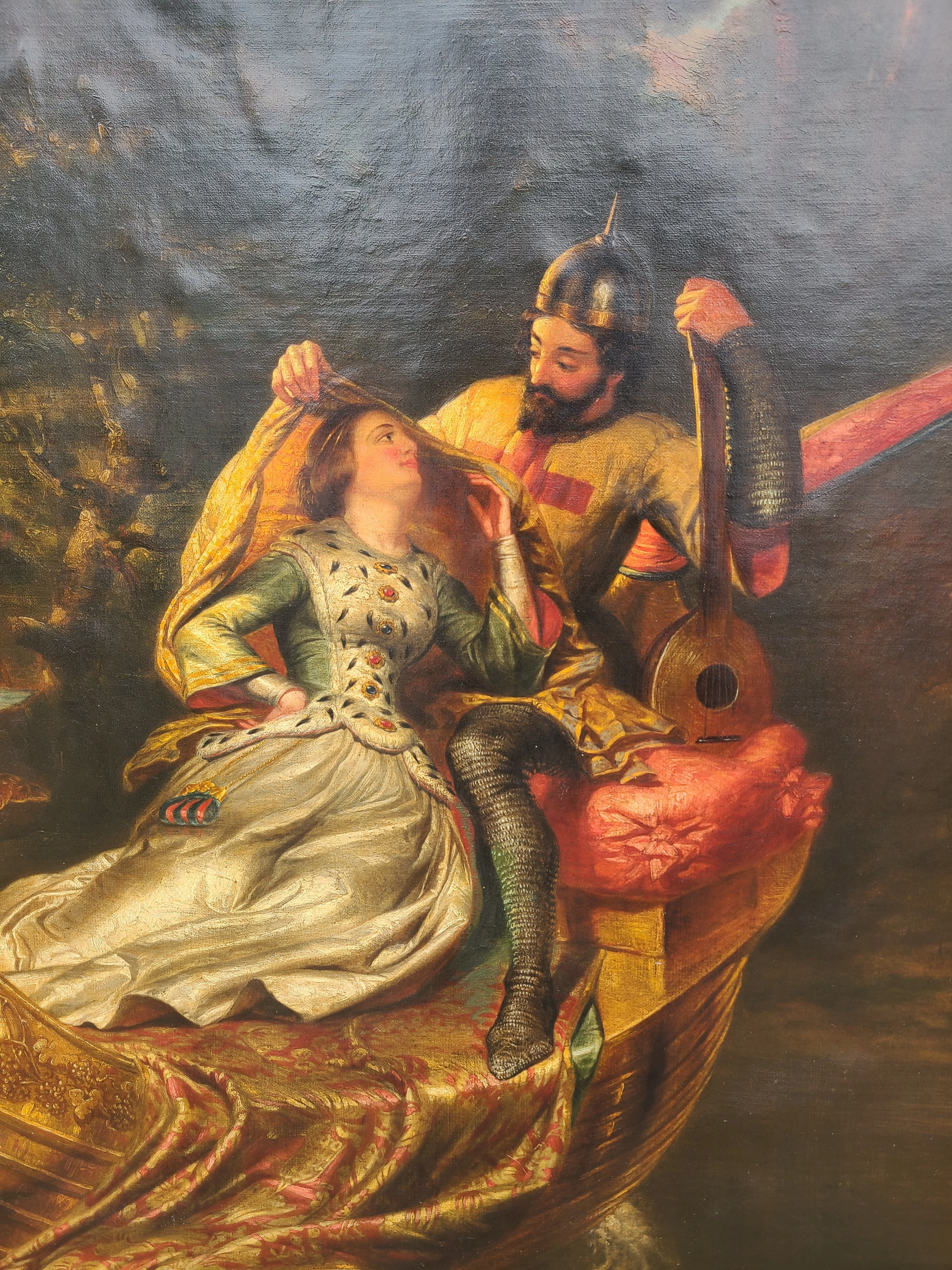 LARGE GILT FRAMED OIL PAINTING OF LOVERS WITH CHERUBS