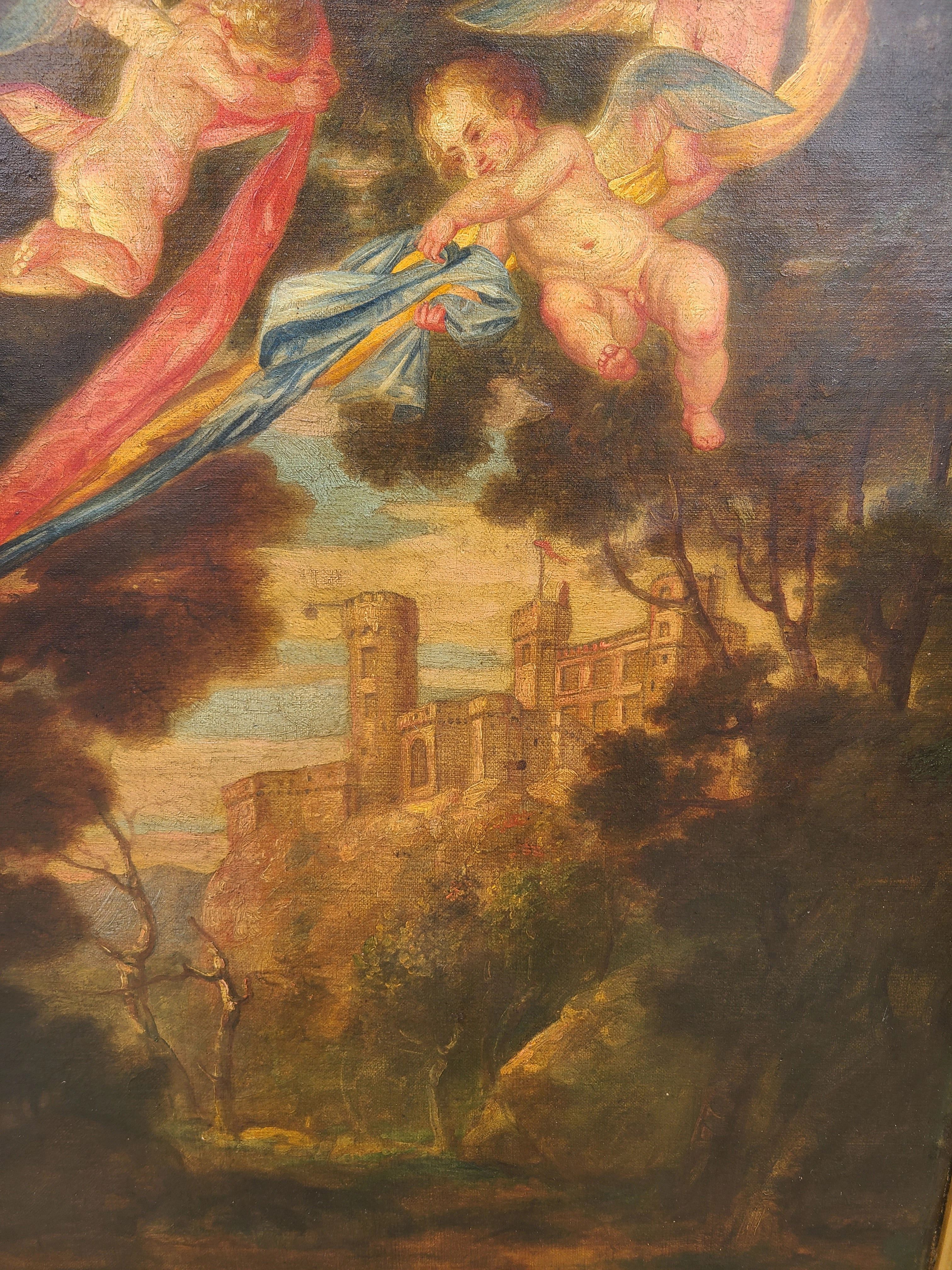 LARGE GILT FRAMED OIL PAINTING OF LOVERS WITH CHERUBS