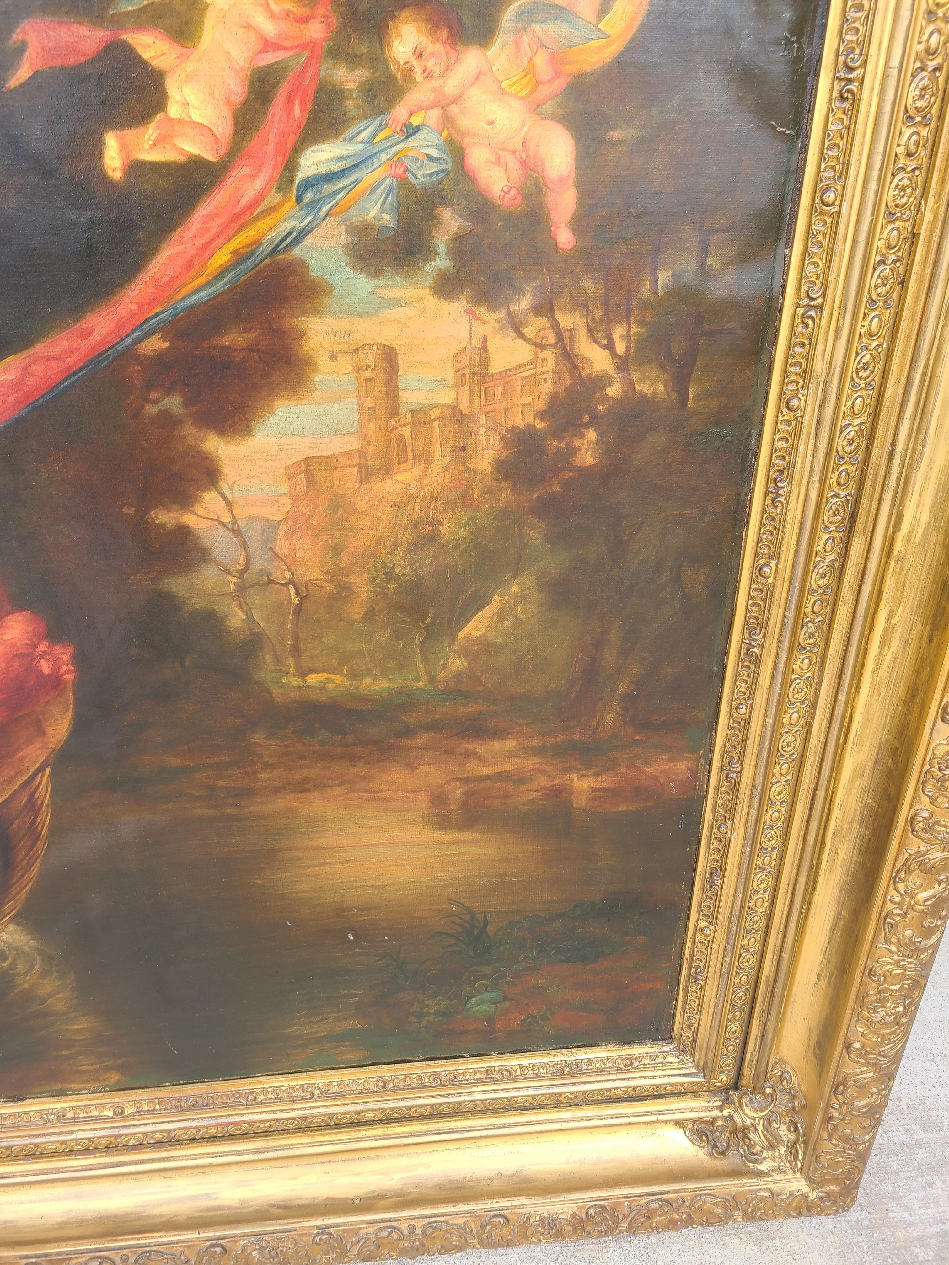 LARGE GILT FRAMED OIL PAINTING OF LOVERS WITH CHERUBS