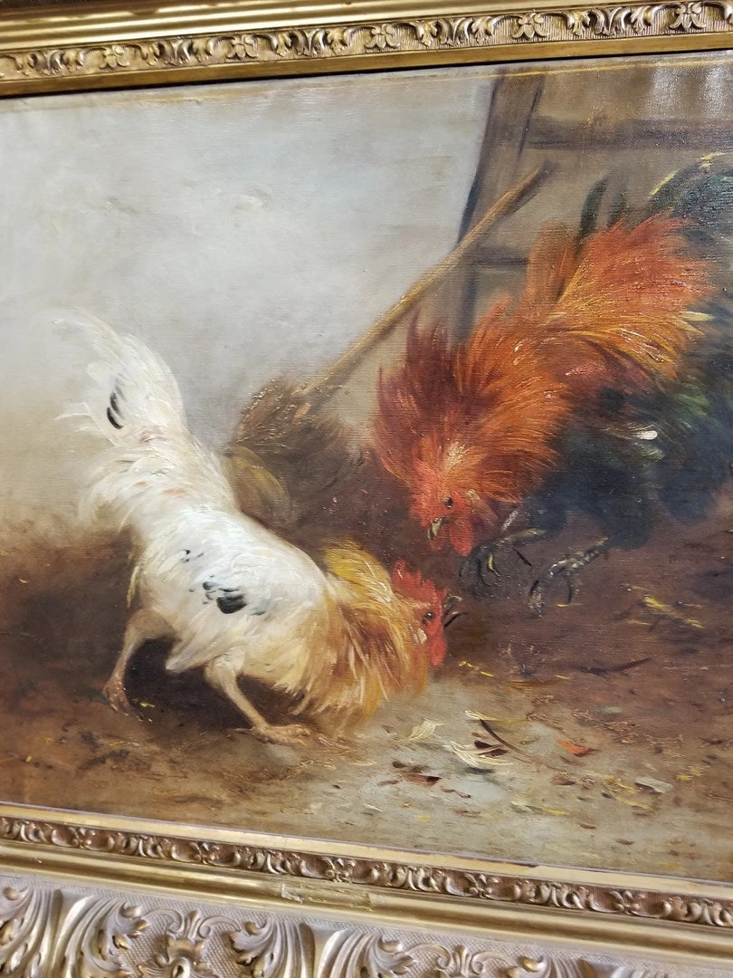 LARGE GILT FRAMED ROOSTERS OIL PAINTING ON CANVAS