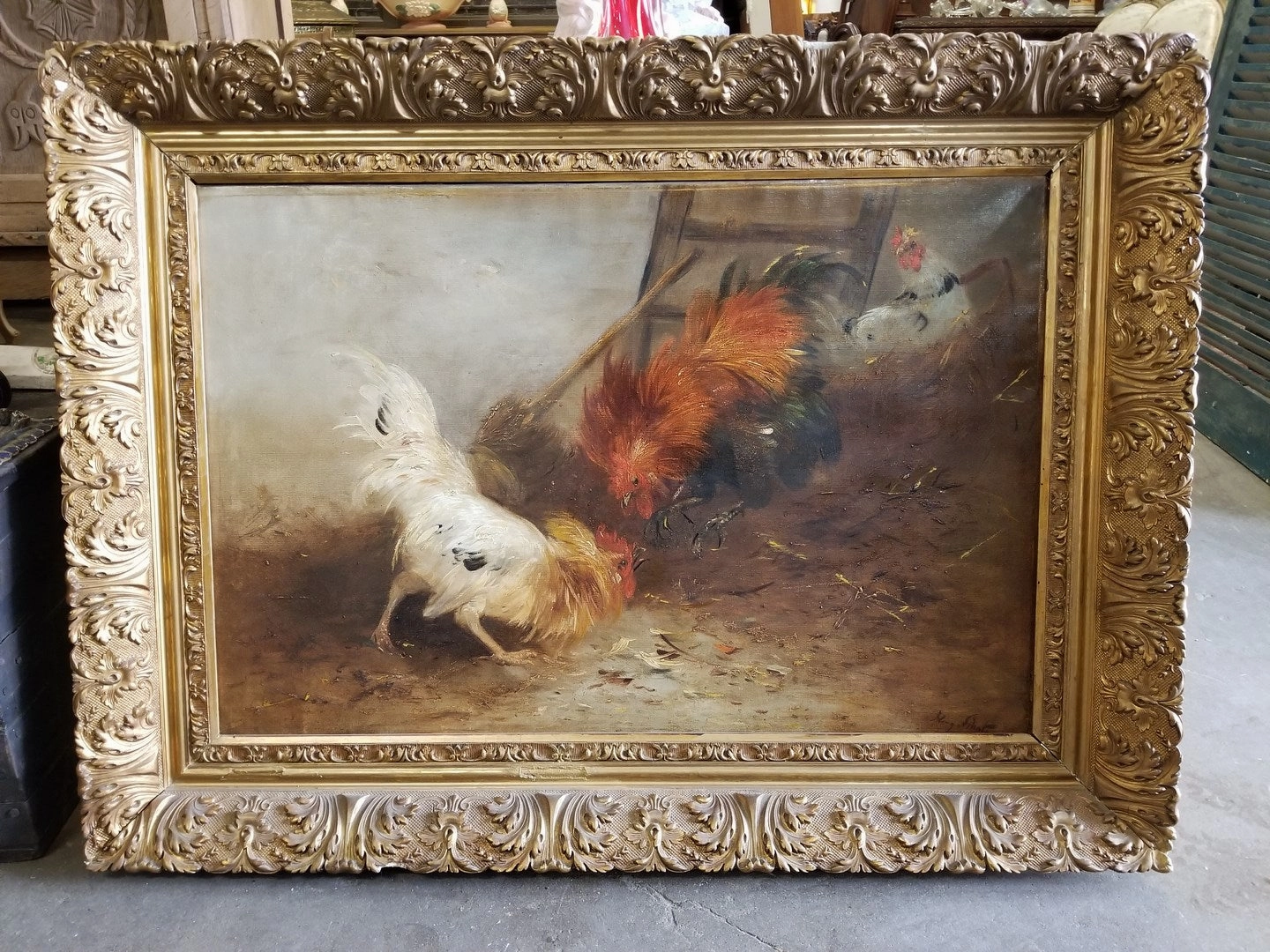 LARGE GILT FRAMED ROOSTERS OIL PAINTING ON CANVAS classic mural painting
