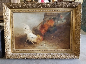 LARGE GILT FRAMED ROOSTERS OIL PAINTING ON CANVAS classic mural painting