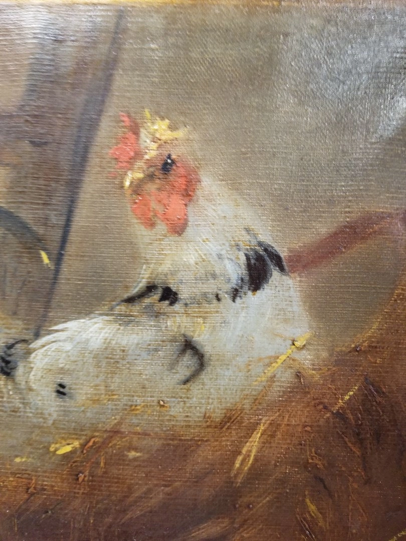 LARGE GILT FRAMED ROOSTERS OIL PAINTING ON CANVAS