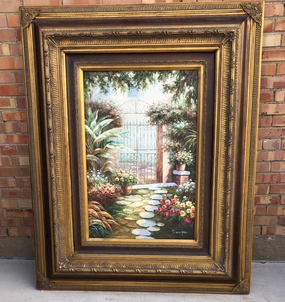 LARGE GOLD AND BLACK FRAME WITH OIL PAINTING OF GARDEN classic mural painting