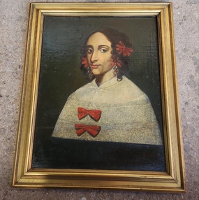 LARGE GOLD FRAMED 17TH CENTURY OIL PAINTING OF A LADY WITH RIBBONS AND LACE classic mural painting