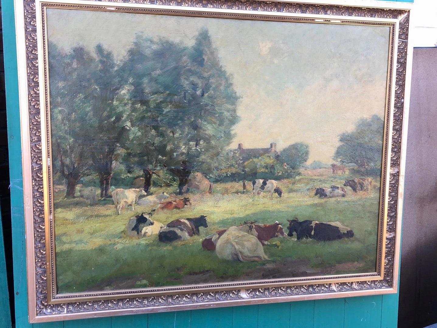 LARGE GOLD FRAMED IMPRESSSIONIST COWS PAINTING classic mural painting