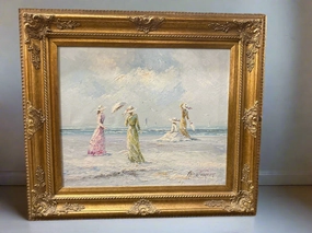 LARGE GOLD FRAMED PASTEL PAINTING OF LADIES AT THE BEACH classic mural painting