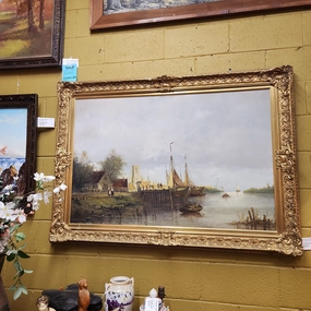 LARGE GOLD FRAMED PORT PAINTING OIL ON CANVAS classic mural painting