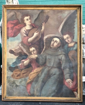 LARGE GOLD FRAMED SAINT OIL PAINTING WITH ANGEL PLAYING LUTE classic mural painting