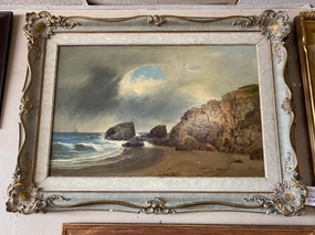 LARGE GRAY & GOLD SEASCAPE OIL PAINTING WITH STORM COMING IN classic mural painting