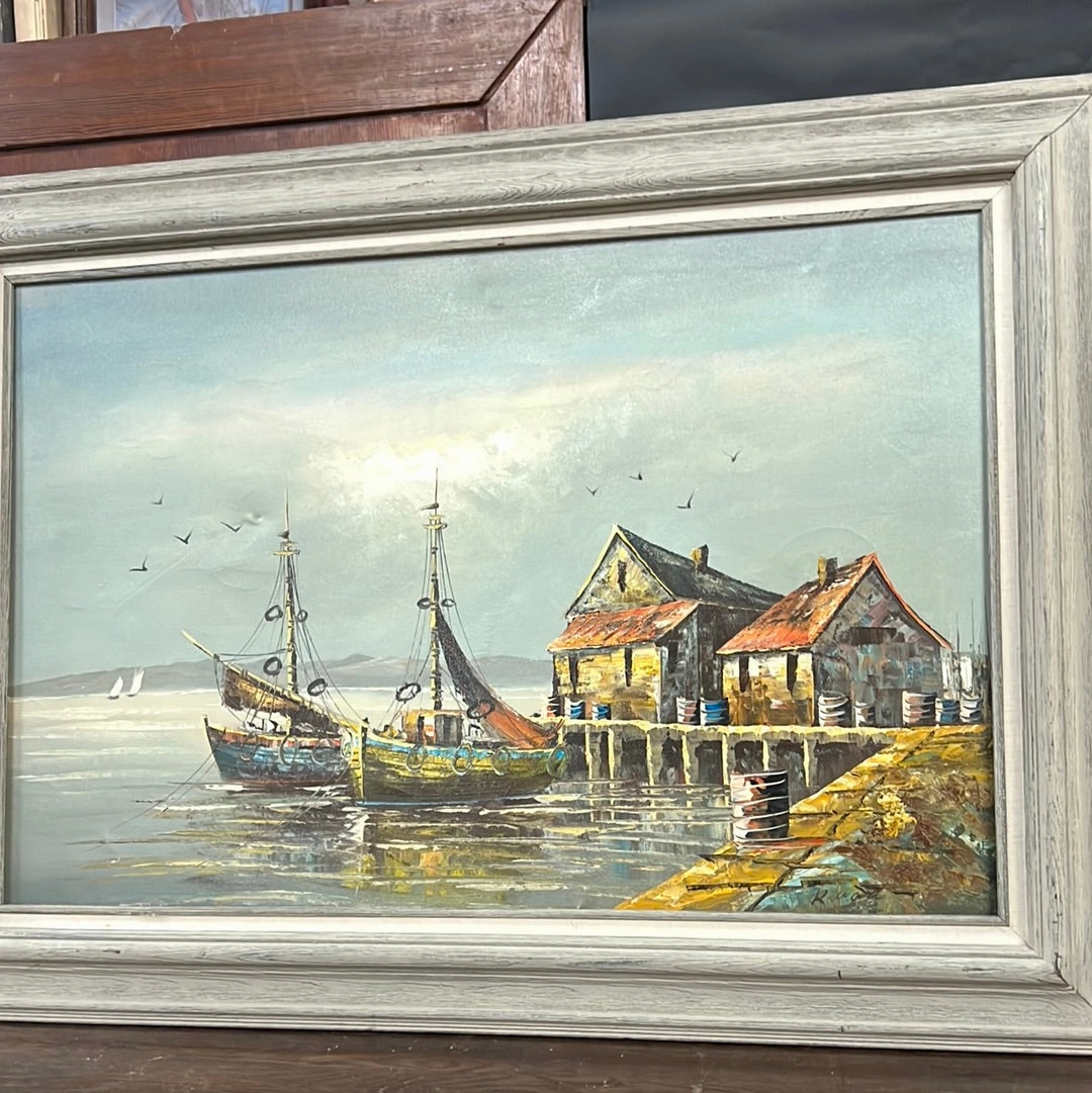 LARGE GRAY FRAMED COASTAL WHARF PAINTING classic mural painting