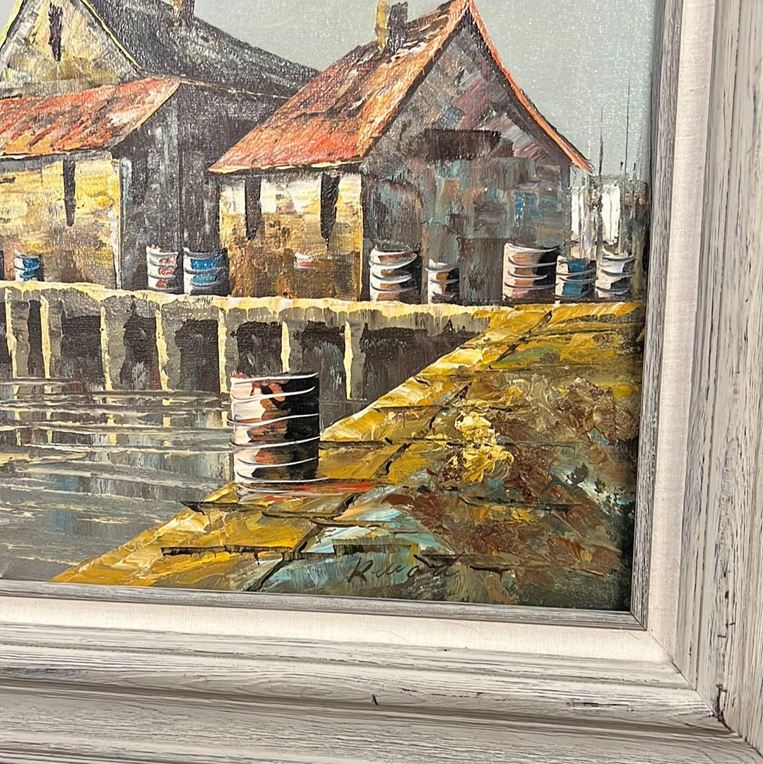 LARGE GRAY FRAMED COASTAL WHARF PAINTING