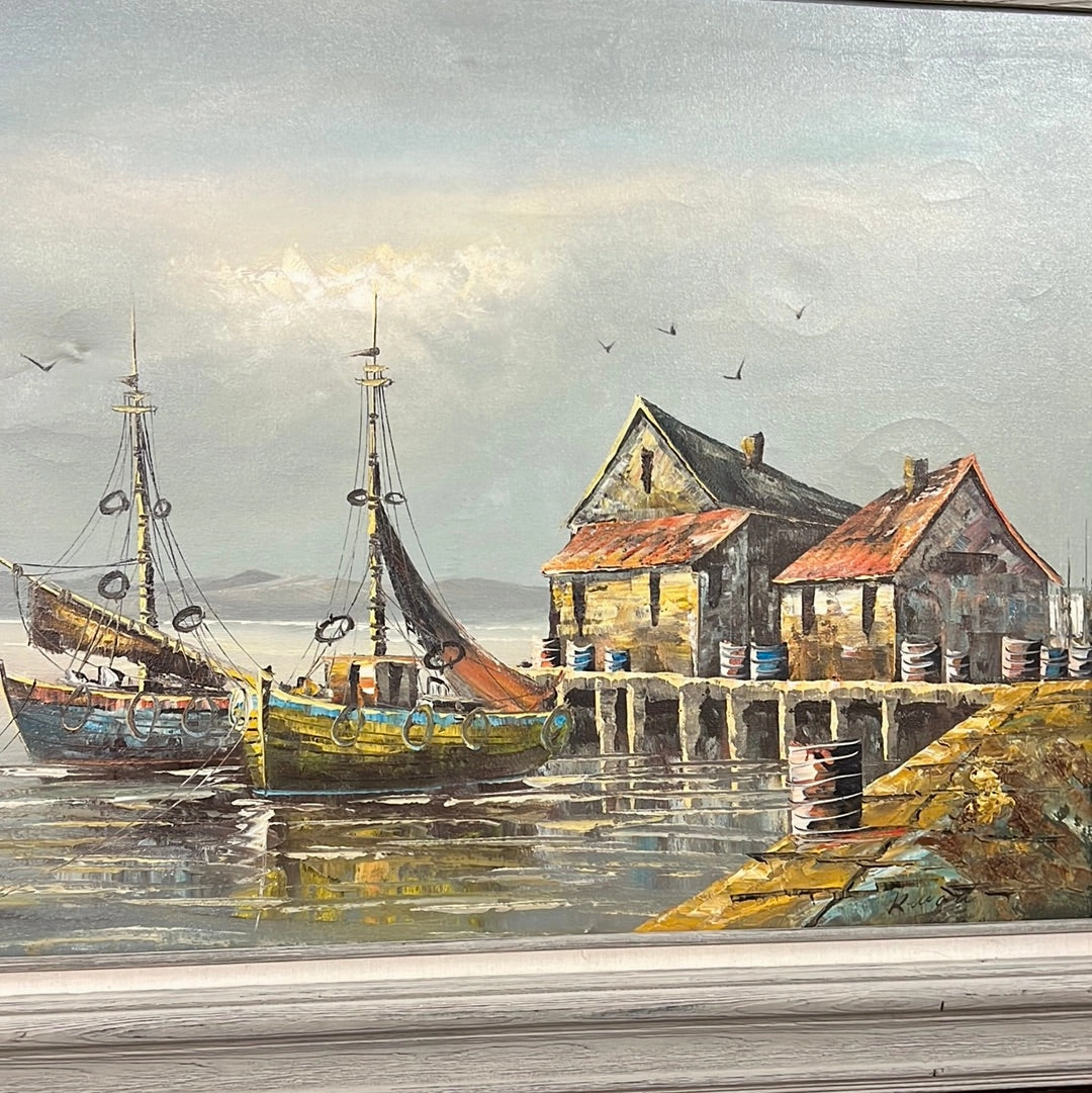 LARGE GRAY FRAMED COASTAL WHARF PAINTING