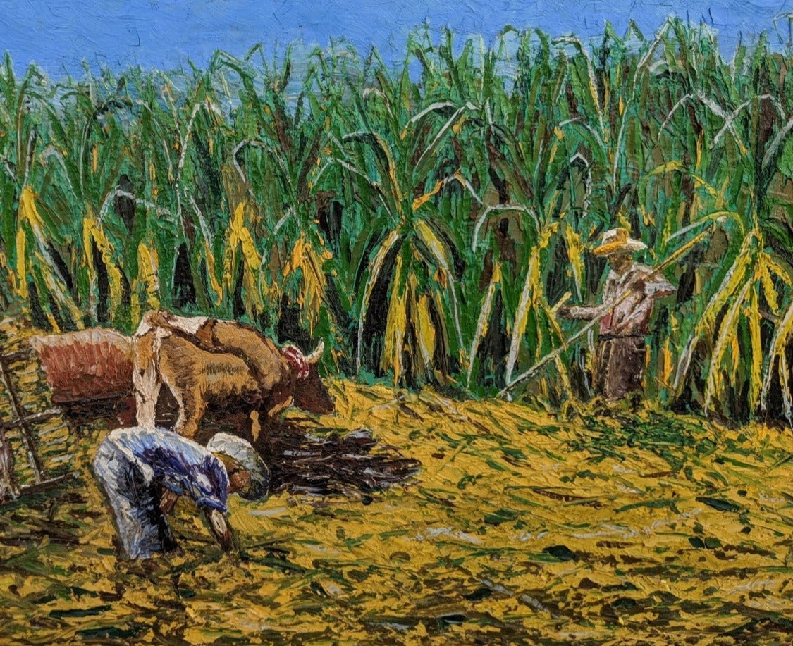 LARGE IMPASTO OIL PAINTING OF CUBAN SUGAR CANE WORKERS BY C.D.DE COLON