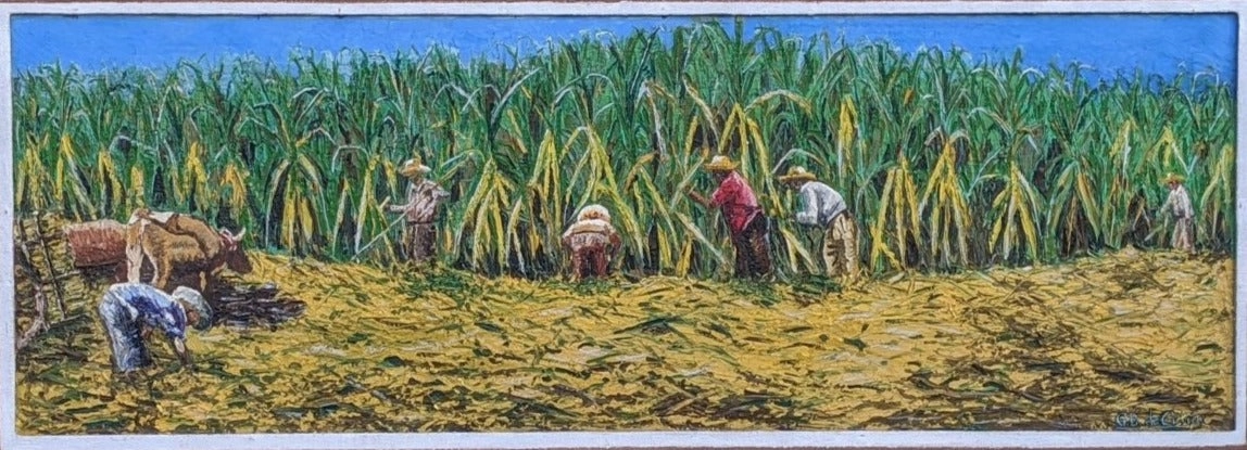 LARGE IMPASTO OIL PAINTING OF CUBAN SUGAR CANE WORKERS BY C.D.DE COLON