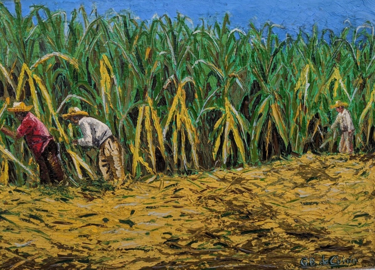 LARGE IMPASTO OIL PAINTING OF CUBAN SUGAR CANE WORKERS BY C.D.DE COLON