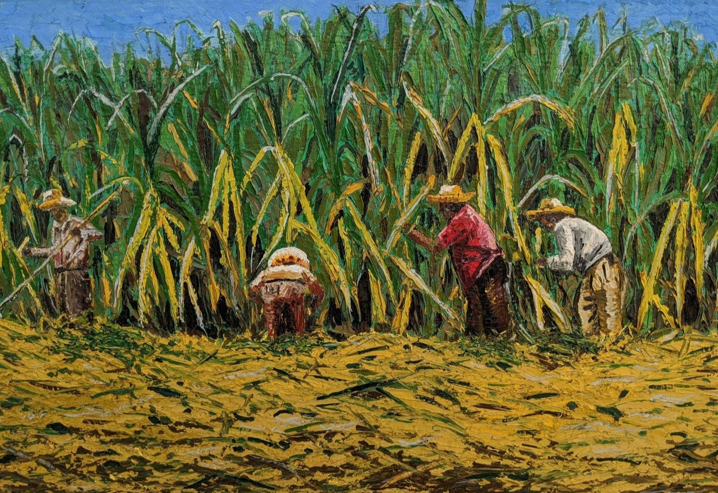 LARGE IMPASTO OIL PAINTING OF CUBAN SUGAR CANE WORKERS BY C.D.DE COLON