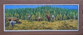 LARGE IMPASTO OIL PAINTING OF CUBAN SUGAR CANE WORKERS BY C.D.DE COLON classic mural painting
