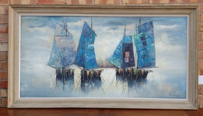 LARGE IMPRESSIONIST OIL PAINTING OF  BLUE SAIL BOATS-SIGNED PIERRE WILNAY classic mural painting