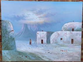 LARGE INDIAN PAINTING OF VILLAGE IN WINTER TIME BY M. EANGLE classic mural painting