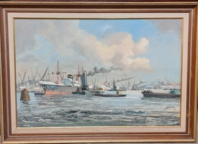 LARGE INDUSTRIAL HARBOR SCENE OIL PAINTING BY J. H. PETERS classic mural painting