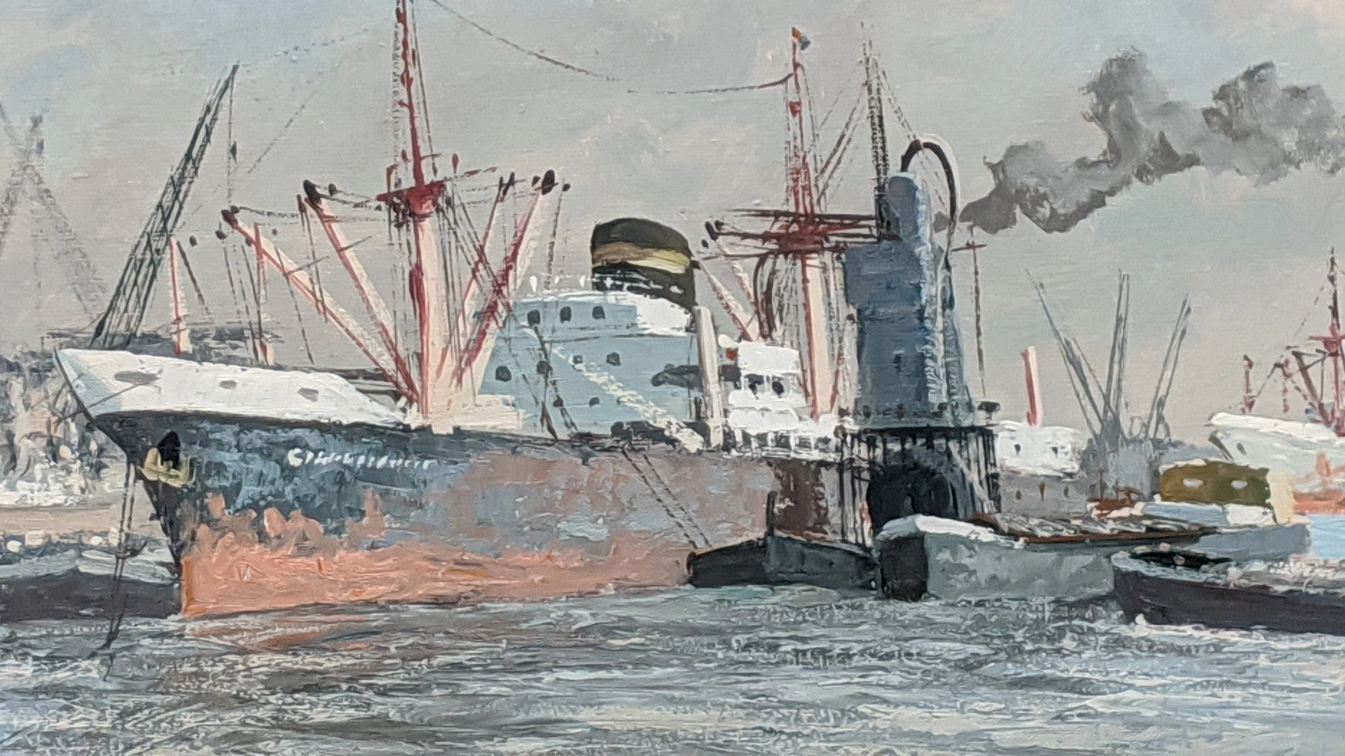 LARGE INDUSTRIAL HARBOR SCENE OIL PAINTING BY J. H. PETERS