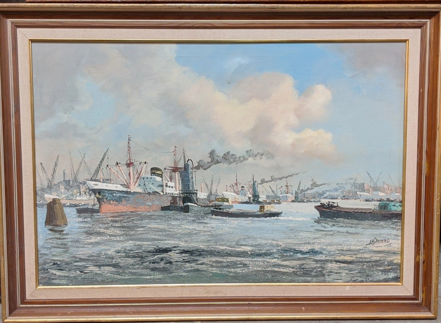 LARGE INDUSTRIAL HARBOR SCENE OIL PAINTING BY J. H. PETERS classic mural painting
