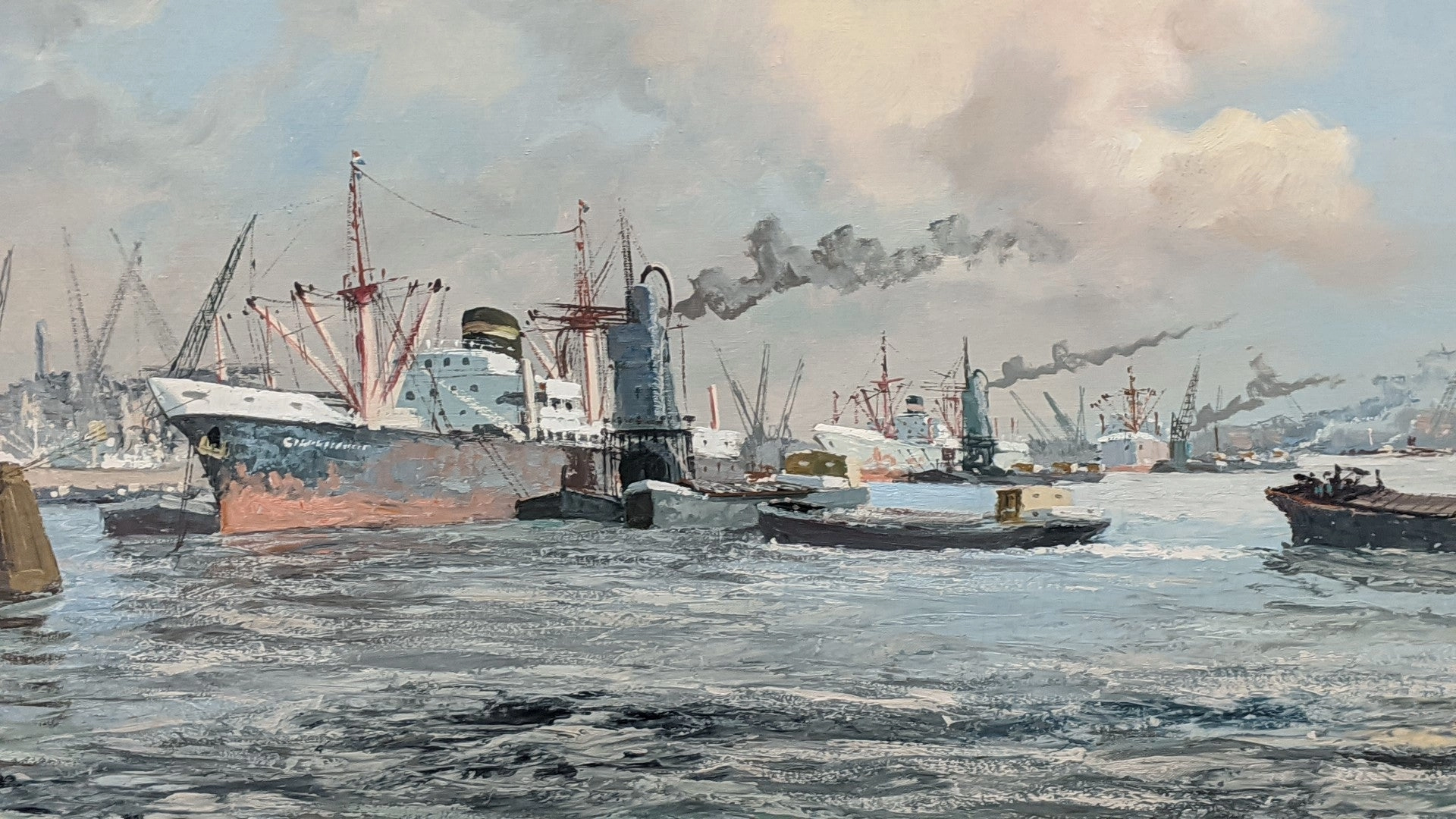 LARGE INDUSTRIAL HARBOR SCENE OIL PAINTING BY J. H. PETERS