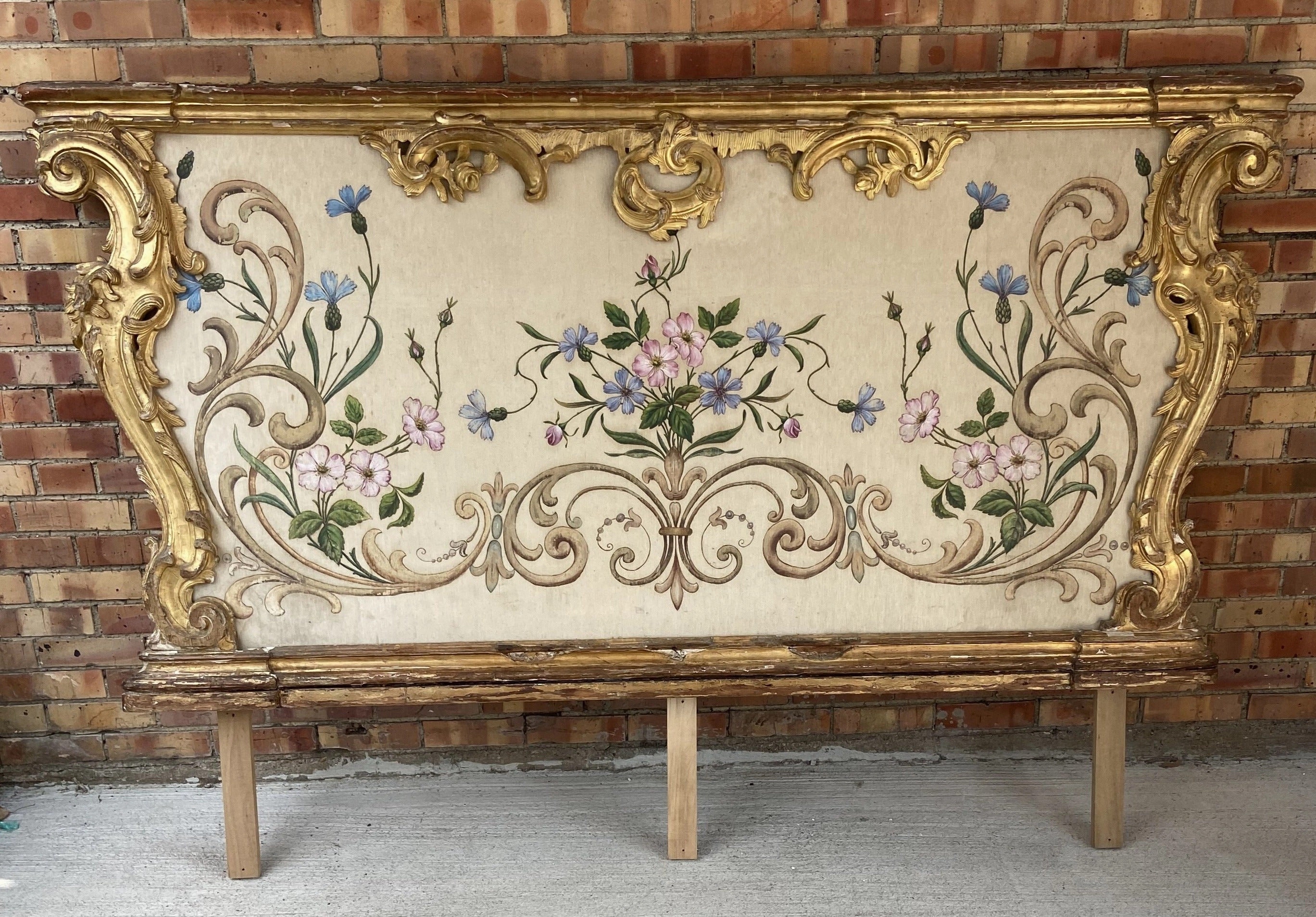 LARGE ITALIAN GILT FRAMED FLORAL OIL PAINTING ON FABRIC classic mural painting