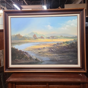LARGE LANDSCAPE OIL PAINTING WITH MOUNTAINS AND A RIVER BY JERRY ARNELL classic mural painting