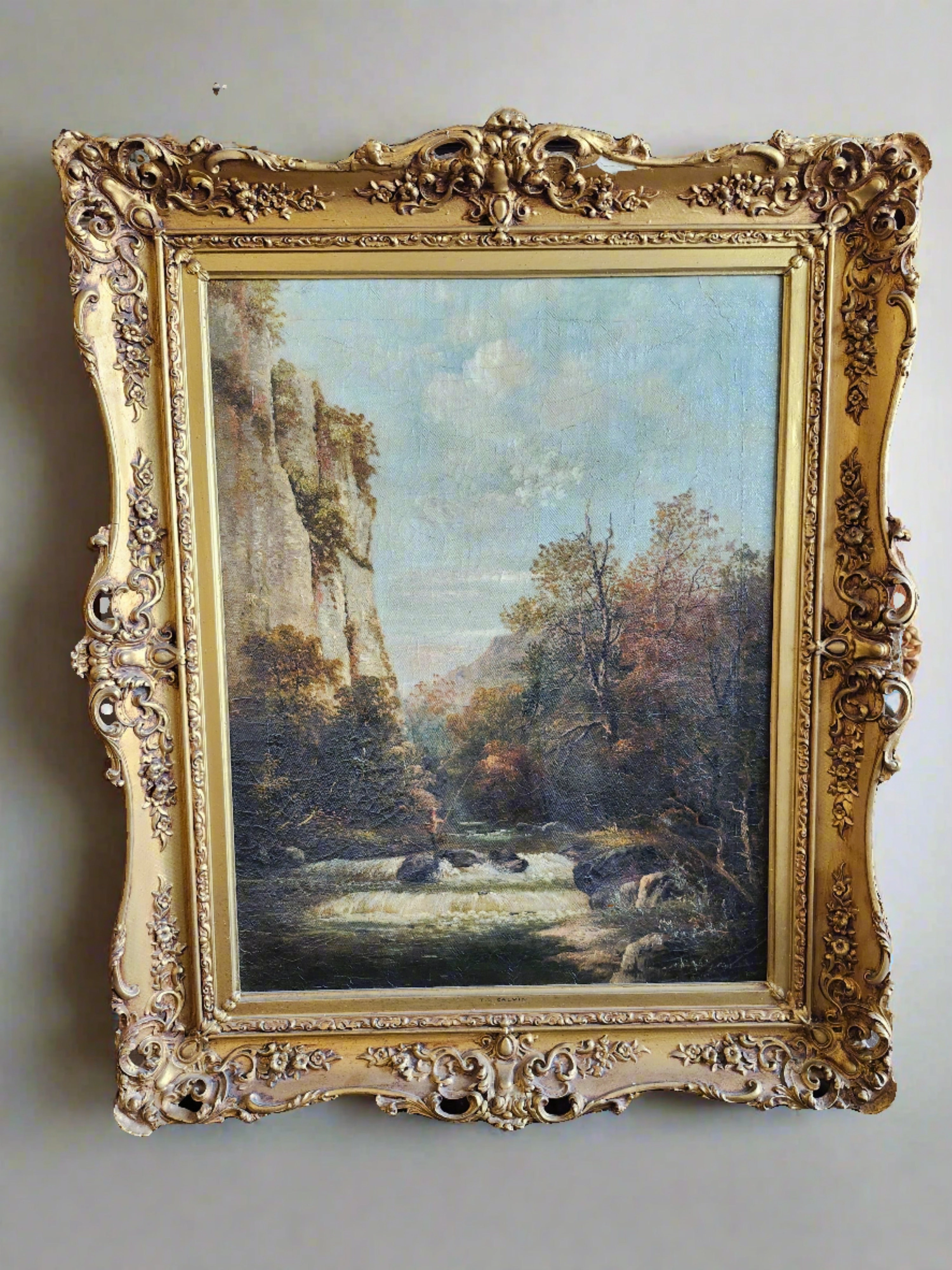 LARGE LATE 19TH CENTURY VERTICAL LANDSCAPE PAINTING OF CLIFFS classic mural painting