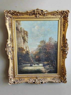 LARGE LATE 19TH CENTURY VERTICAL LANDSCAPE PAINTING OF CLIFFS classic mural painting