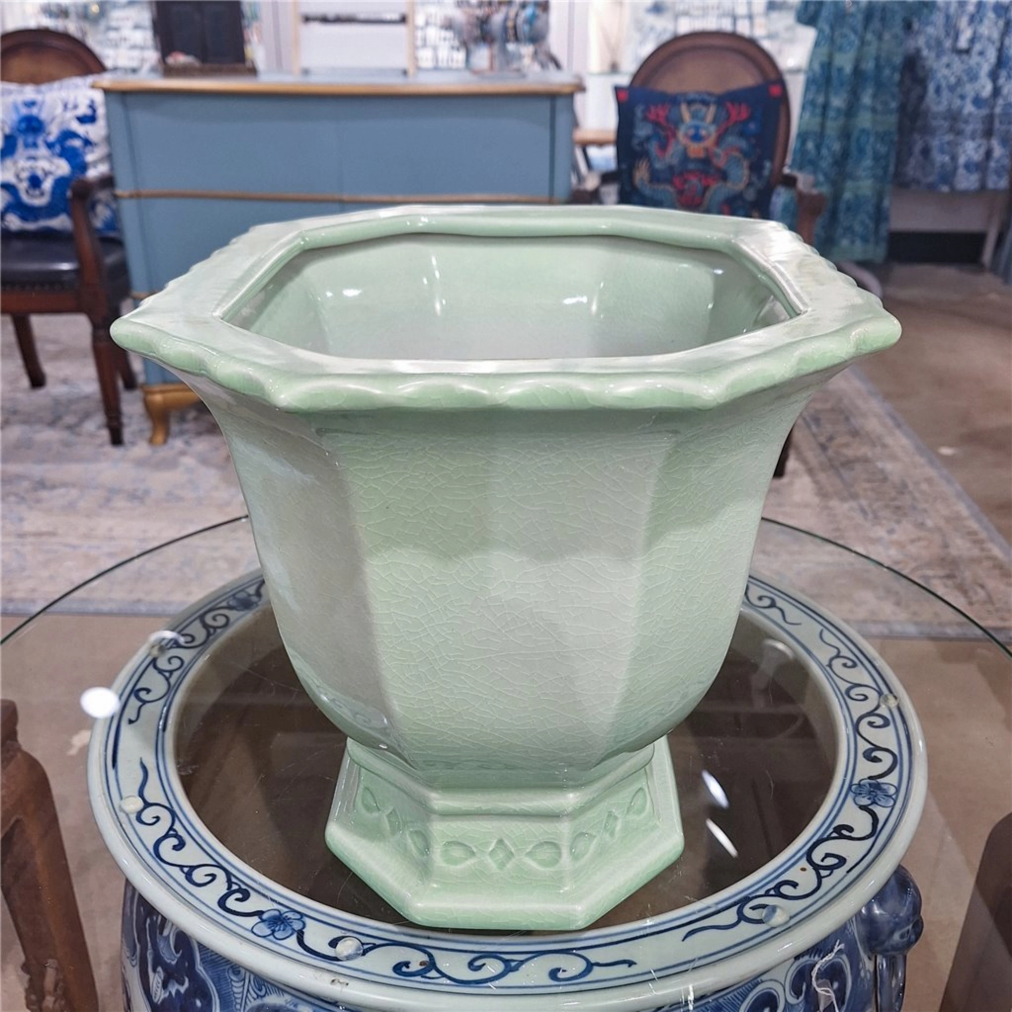 Large Light Green Porcelain Octagonal Footed Planter