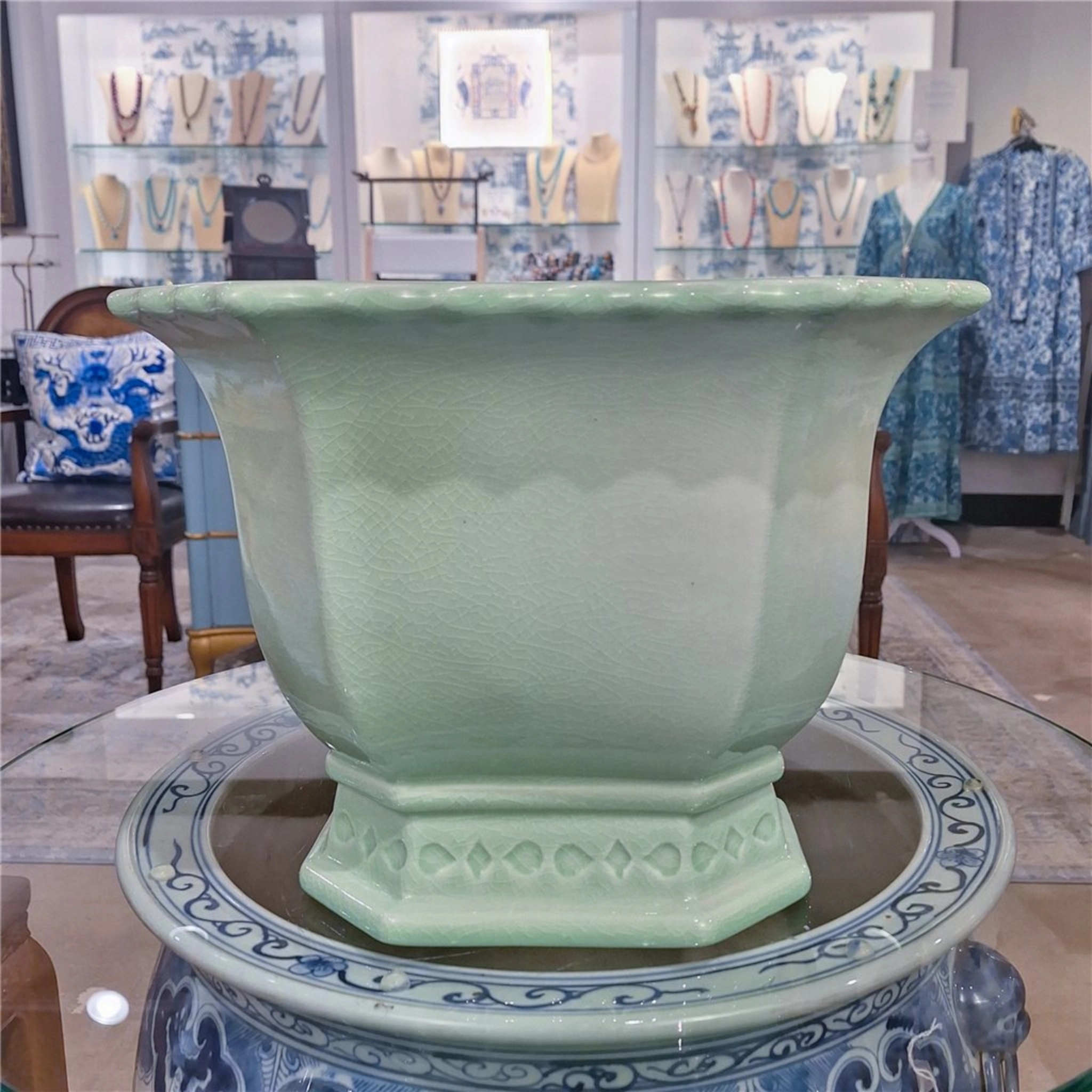 Large Light Green Porcelain Octagonal Footed Planter