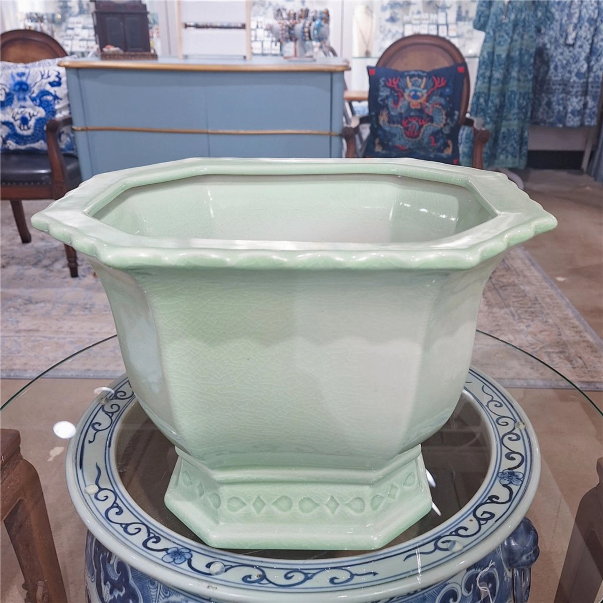 Large Light Green Porcelain Octagonal Footed Planter