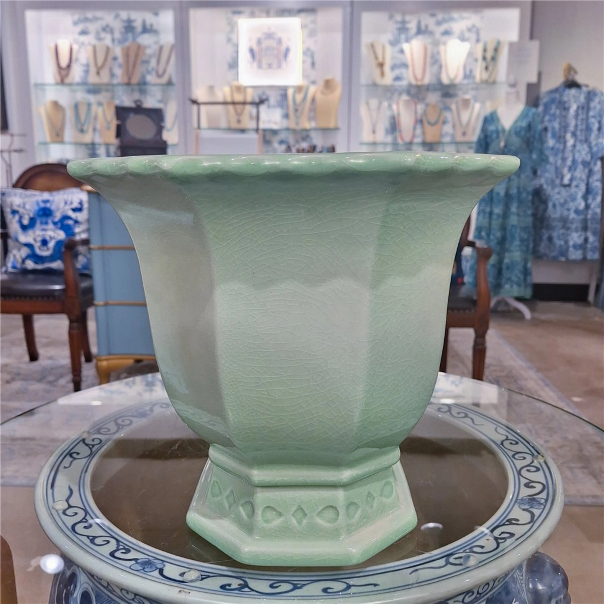 Large Light Green Porcelain Octagonal Footed Planter