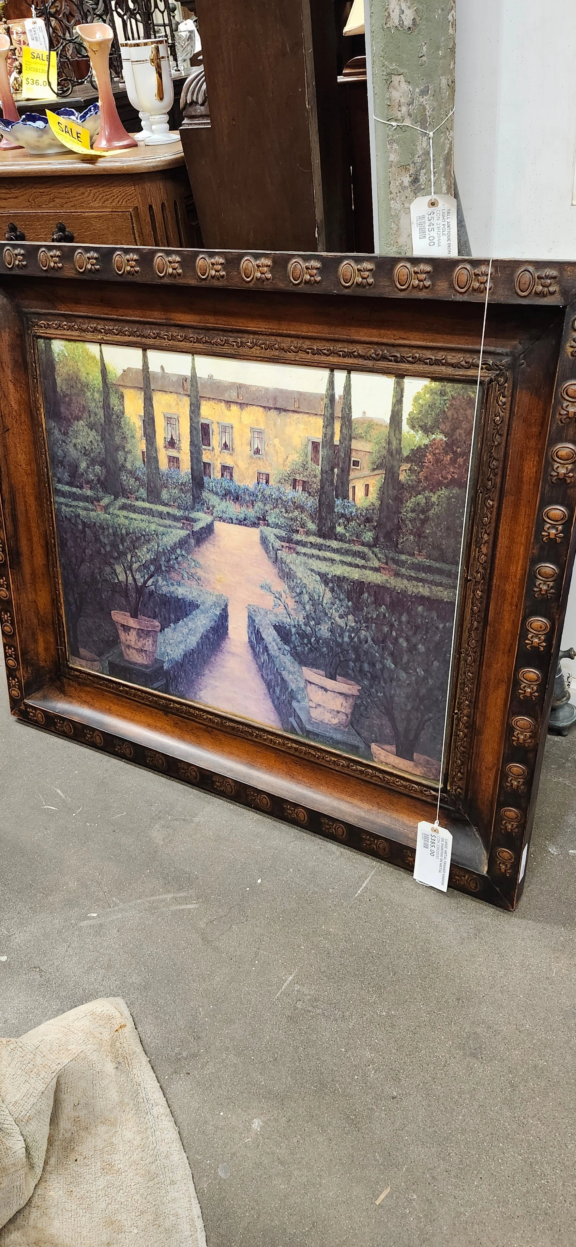 LARGE  METAL FRAMED MANOR OIL PAINTING ON METAL