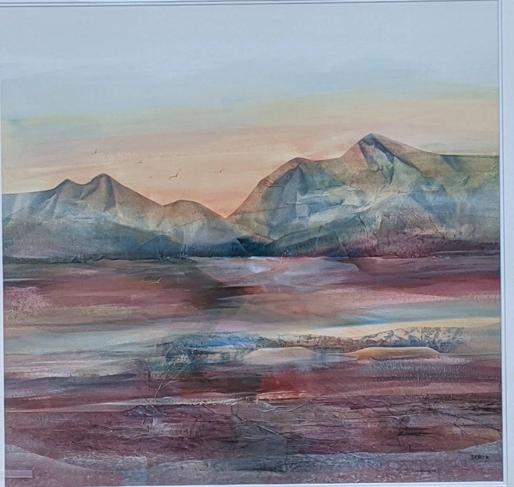 LARGE MODERN LANDSCAPE WATERCOLOR PAINTING WITH PURPLE HUES BY JAN DORER