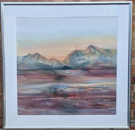 LARGE MODERN LANDSCAPE WATERCOLOR PAINTING WITH PURPLE HUES BY JAN DORER classic mural painting