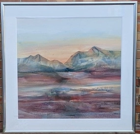 LARGE MODERN LANDSCAPE WATERCOLOR PAINTING WITH PURPLE HUES BY JAN DORER classic mural painting