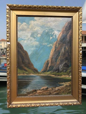 LARGE MOUNTAIN SCENE FJORD OIL PAINTING IN GOLD FRAME BY H. ANDERSON classic mural painting