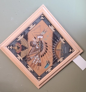 LARGE NAVAJO SAND PAINTING WITH WHITE WASH FRAME classic mural painting