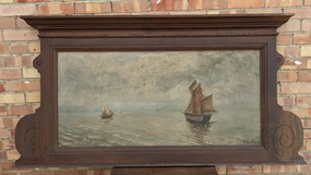 LARGE OAK FRAMED SAILING SHIP PAINTING ON BOARD classic mural painting